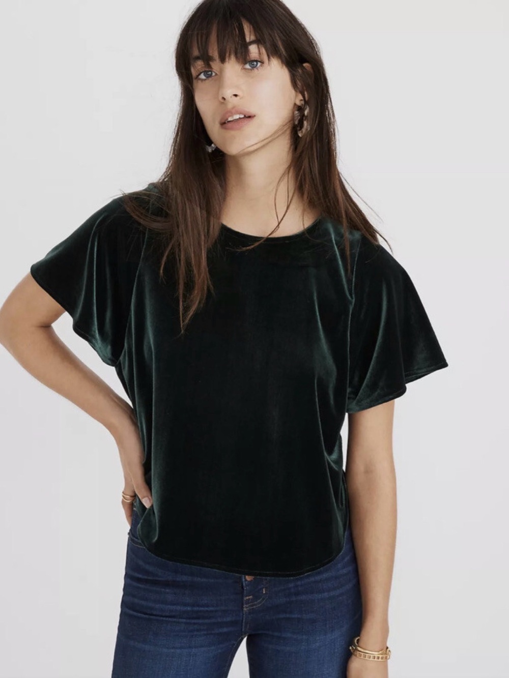 Madewell Deep Emerald Velvet butterfly Sleeve Tee